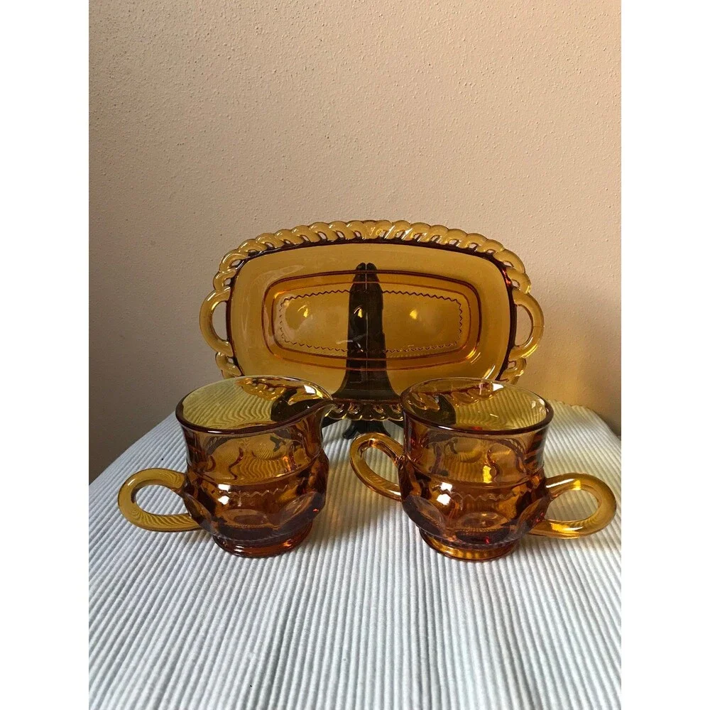 Vintage Indiana Glass Kings Crown Amber Thumbprint Sugar Creamer Tray Set